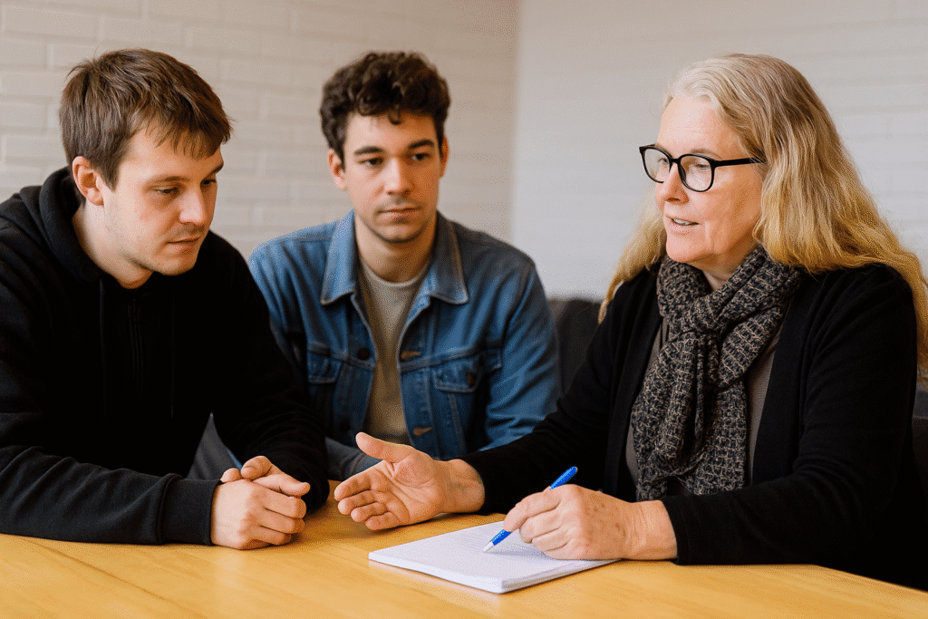 Samtale med borgere i forbindelse med Socialpædagogisk Støtte hos Mina Group. Ai illustration.