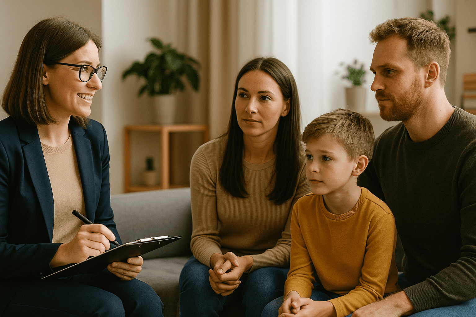 Familiebehandler og familiebehandling hos Mina Group - AI genereret illustration.